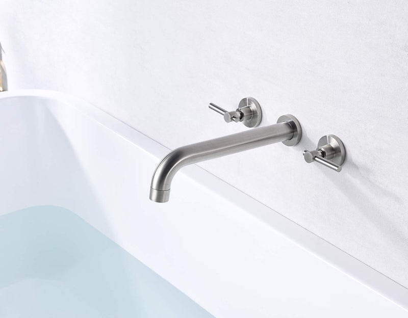 sumerain Wall Mount Tub Filler Faucet Brushed Nickel High Flow Bathtub Faucet Two Handles Solid Brass, Long Spout Reach, sumerain - Image 5